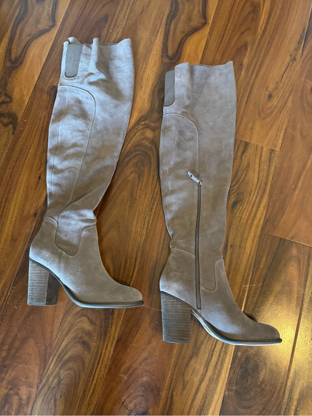 Kelsi Dagger Taupe Suede Over-the-Knee Block Heel Boots